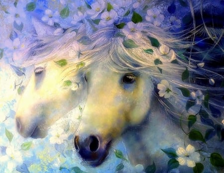 â˜…Horse Lovers in Springâ˜… - couple, forests, animals, blooms, lovely, spring, creative pre-made, horses, love four seasons, pretty, lovers, beautiful, seasons, happiness, paintings, flowers