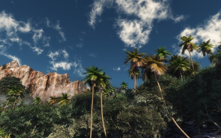 fantastic jungle landscape - clouds, palms, cliff, jungle, sky