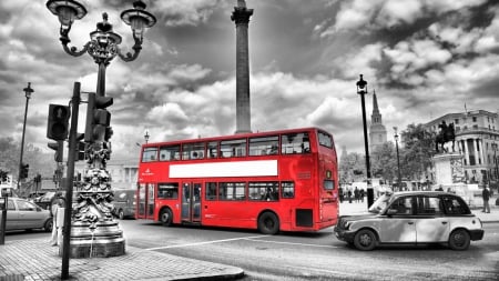 red london bus in black and white - street, red, bus, traffic, black and white, city