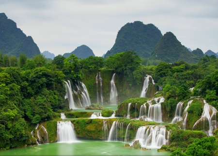 Ban Gioc Waterfall, Vietnam - three levels, amphitheater, forest, beautiful, river, green, mountains, waterfall