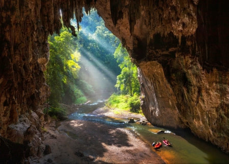 Tham Lod Cave, Thailand - trees, forest, channel, beautiful, river, light rays, limestone cave