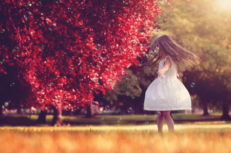 ♥ - nature, sweetness, splendor, bubbles, girl, tree, child