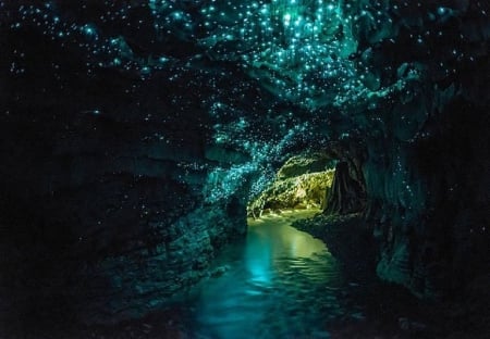 Cave In Norway - cave, norway, water, lights