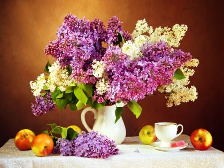 Still life - pretty, lilac, flowers, apples, scent, nice, fruits, vase, beautiful, coffee, fragrance, tea, morning, lovely, still life, bouquet, harmony, colorful, time