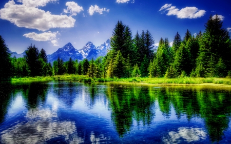 Reflections - quiet, reflections, summer, blue, amazing, tranquil, crystal, calmness, mirror, waters, lake, sky, clouds, trees, beautiful, lovely, nature, clear, serenity, mountains