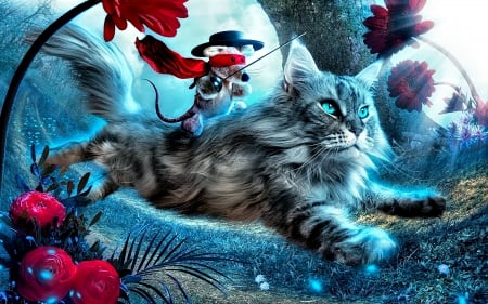 THE HEROES - cat, wild, red colors, flowers, mouse