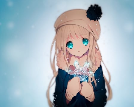 SnowFlakes - nice, female, simple, anime girl, brown hair, pretty, anime, cute, adorable, girl, blue eyes, winter, long hair, snowflakes, lovely, flakes, kawaii, snow, plain, sweet