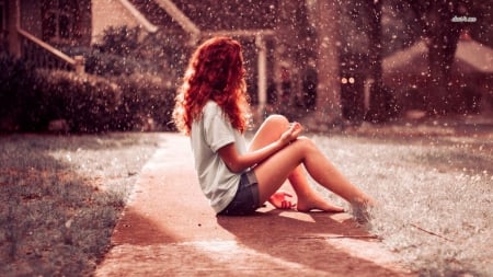 redhead in the rain - babe, sexy, sweet, legs