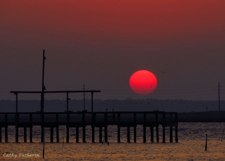 Red Hot Sunset Off The Pier - sky, pier, sunset, nature, dock, sun, virginia