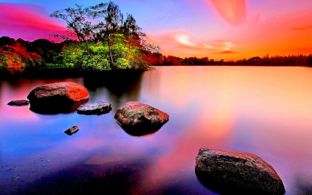 SCENIC SUNSET - sky, photography, paradise, water, sunset, rocks, pink color, evening, clouds, sunrays, lake, landscape, plants, nature, colorful nature, beautiful, splendor