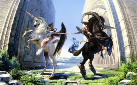 Fantasy - game, girl, angel, horse, creature, black, fantasy, white, animal, woman, unicorn, couple