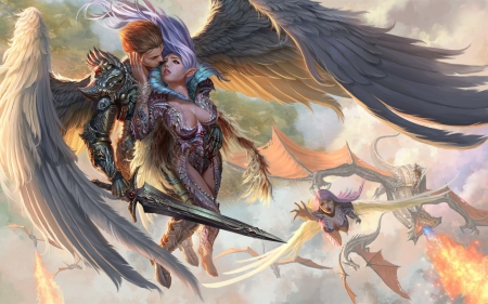 Protected - woman, couple, angel, girl, wings, sunset, black, fantasy, art, game, battle, man