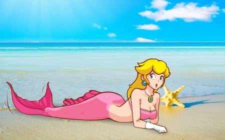 Mermaid Peach - mermaids, beach, cute, Princess Peach, Super Mario Bros, Nintendo, Video Games