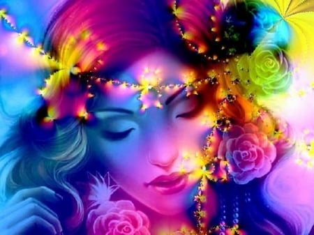 Colorful Portrait of a Lady - softness, gorgeous, lady, beautiful, colorful, flowers, fantasy