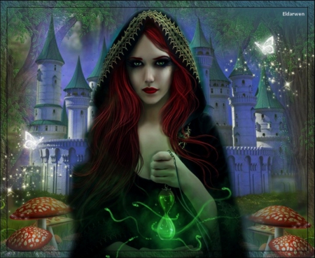 LIL GREEN POTION - GYSPY, POTION, FEMALE, BUTTERFLIES, CASTLE, MUSHROOMS