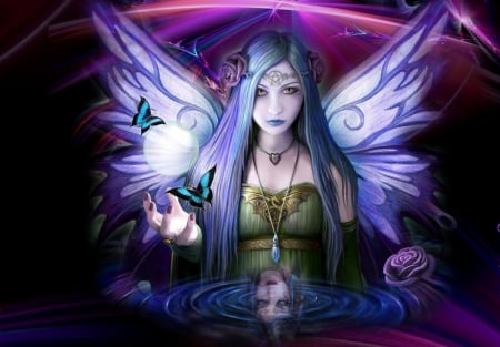 MAGIC - female, reflection, roses, magic, fairy, flowers, butterflies