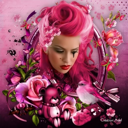 PINK LADY - PINK, HAIR, FEMALE, BUTTERFLIES, BIRD, FLOWERS