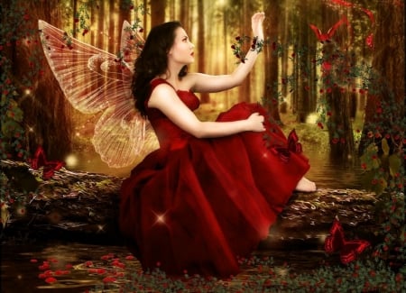 RED BUTTERFLY FAIRY - forest, female, red, wings, fairy, flowers, dress, butterflies