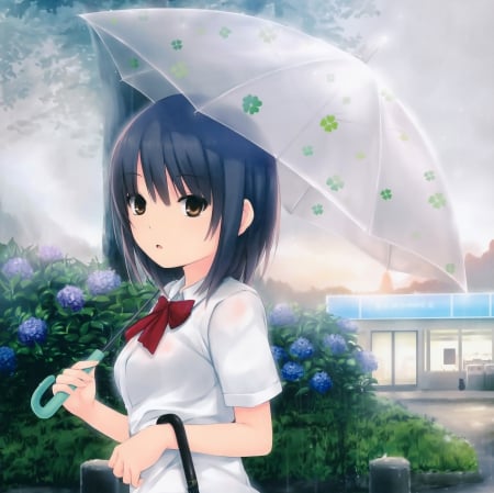 Wet Day - pretty, anime, scenery, blossom, scene, gloomy, short hair, gloom, umbrella, blue hair, rain, ribbon, hd, nice, raining, house, anime girl, water, beautiful, girl, wet, beauty, lovely, sweet, flower, cg, blouse, rainy, building