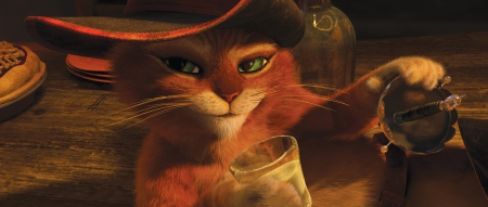 Puss in boots (2011) - hat, Puss in boots, DreamWorks Animation, green eyes, orange, cat, fantasy, animal, movie, cute, glass