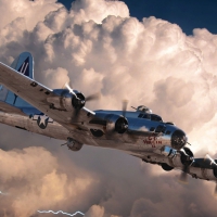 vintage b-17 bomber above a lightning storm