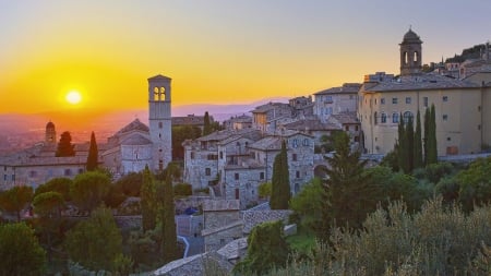 wonderful hillside town of assisi italy at sunset - town, trees, church, sunset, hillside