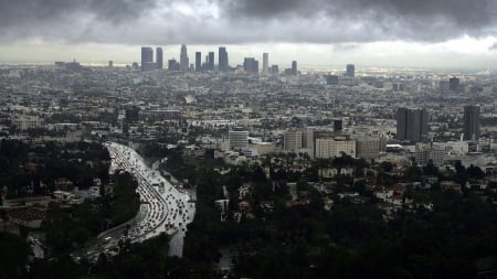 wonderful panorama view of los angeles - urban, highways, rain, overcast, city, gray, skyscrapers