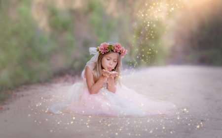 Pixie dust for you! - white, dress, girl, road, pixie dust, flower, pink, child