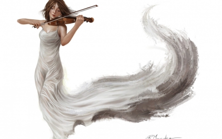 Song of the wind - woman, girl, song, instrument, fantasy, wind, white, art, violin, dress