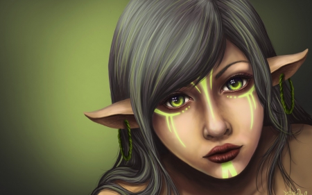 Elf girl - portrait, digital, girl, eyes, art, fantasy, tattoo, woman, green