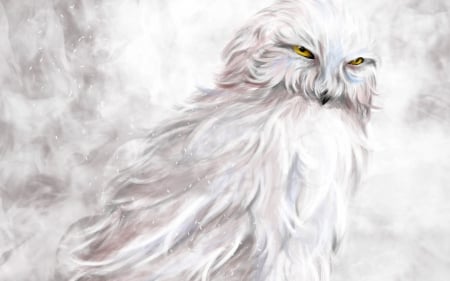 Snowy owl - draw, bird, yellow eyes, feather, white, digital, snowy owl, art, Bubo scandiacus