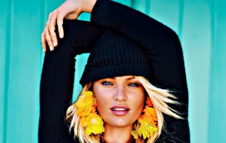 Candice Swanepoel - woman, hat, girl, summer, black, model, face, earrings, yellow, blue, candice swanepoel