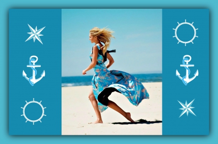 Candice Swanepoel - summer, run, frame, grl, wind, model, beach, by cehenot, dress, blue, candice swanepoel, white, card, sea, woman