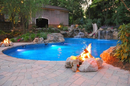 home garden pool - summer, fire, pool, garden, home