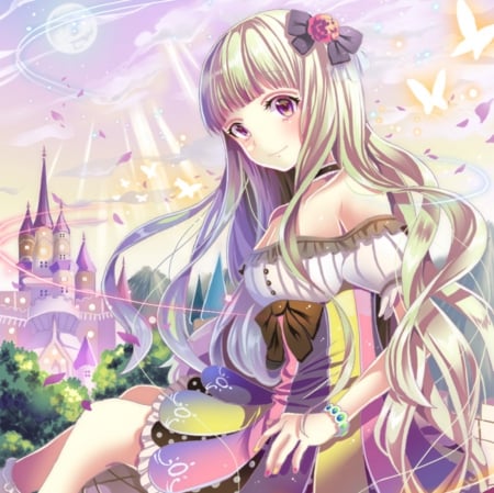 The View - nice, beauty, female, blond, anime girl, blond hair, pretty, blonde hair, castle, anime, scene, palace, maiden, lady, building, girl, long hair, gown, lovely, beautiful, sweet, blonde, dress