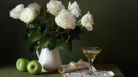 white roses - white roses, aplles, teapot, flowers, still life