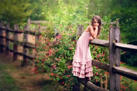 Her ethereal beauty - greenery, trees, ethereal, beautiful, girl, beauty, photo, fence, pink, walk, flowers, ummer, garden, loneliness, serenity, park