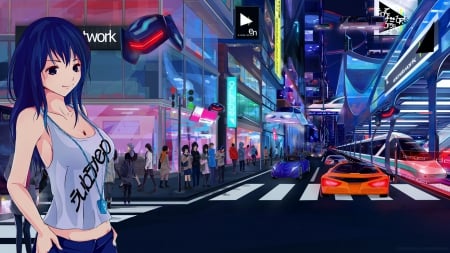 City of the future - girl, pretty, future, city, anime, cars, buildings, cute