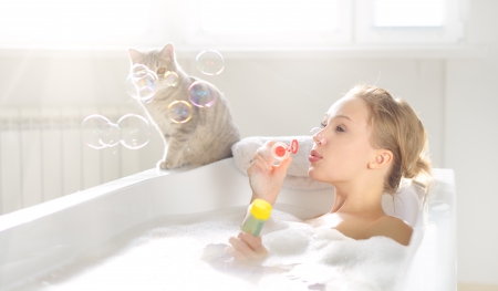 Bubbles Dream - relax, foam, bubbles, girl, bath, bathroom, cat