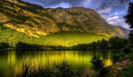 Rainbow And Raindrops On The Lake - lakeshore, lake, trees, mountains, france, forest, beautiful, clouds, green, magic light