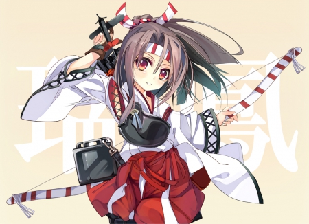 ~Zuihou~ - bow, ponytail, zuihou, weapon, anime, kantai collection, brown hair