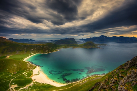 Beautiful Bay, Norway - clouds, roads, summer, beach, grass, ocean, islands, green, turquoise, mountains, sky