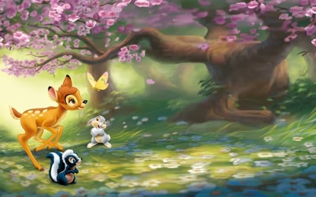 bambi - trees, movie, deer, fantasy, spring, butterfly, rabbit, forest, pink, skunk, disney, animal, green, bambi, flower