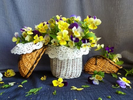 Still life - freshness, delicate, colorful, bouquet, summer, basket, lovely, still life, pansies, vase, pretty, beautiful, lace, violets, flowers, harmony