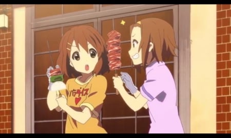 Hehe ... I Got All Meats - nice, teasing, tease, female, smiling, silly, anime girl, brown hair, meat, pretty, k-on, laugh, anime, food, short hair, vegetable, adorable, tainaka, girl, funny, lovely, yui, kawaii, kon, yui hirasawa, sweet, bbq, ritsu, tainaka ritsu, happy, hillarious, hirasawa yui