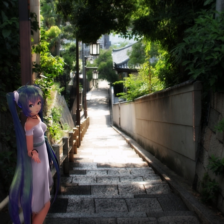 Plain Alley - nice, realistic, beauty, female, anime girl, road, miku hatsune, gorgeous, pretty, anime, miku, tree, scene, hatsune miku, girl, gown, lovely, hatsune, shade, vocaloids, vocaloid, alley, beautiful, scenery, sweet, awesome, dress, shadow