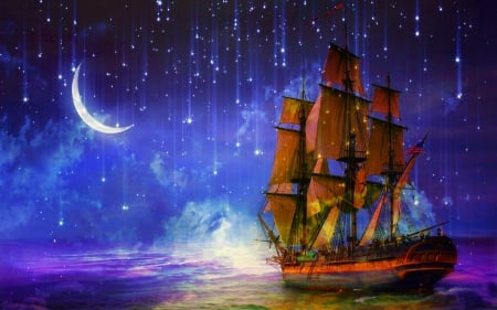 Fantasy - moon, ocean, stars, night, water, fantasy, art, ship, purple, red, crescent, orange, sea