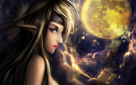 In the moonlight - purple, digital, yellow, elf, girl, night, art, fantasy, moon, woman