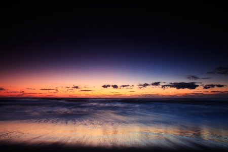 sunset - horizon, sky, beach, ocean, clouds, waves