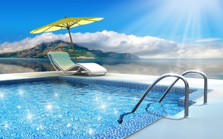 Relaxing Pool - swimming pool, sunshine, glistening, mountain, seat, water, relaxing, umbrella, beautiful